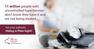 A blood pressure cuff. Image text: 15 million people with uncontrolled hypertension don't know they have it and are not being treated. Are your patients hiding in plain sight? 