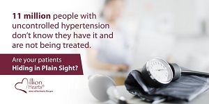 A blood pressure cuff. Image text: 15 million people with uncontrolled hypertension don't know they have it and are not being treated. Are your patients hiding in plain sight?  