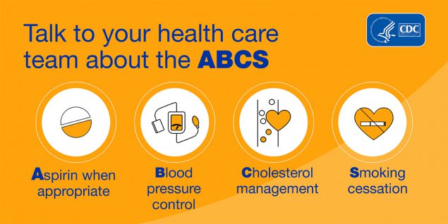 Talk to your health care team about the ABCS. Aspirin when appropriate; Blood pressure control; Cholesterol management; Smoking cessation.