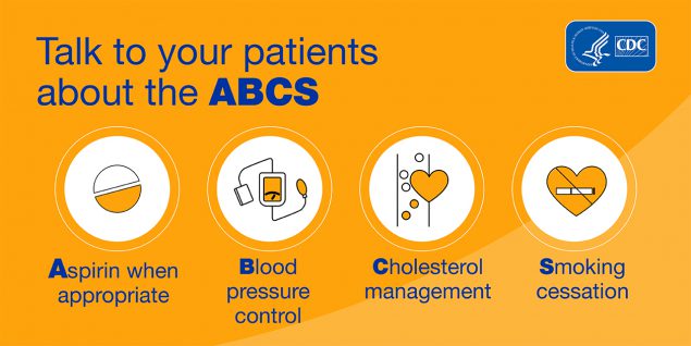 Talk to your patients about the ABCS. Aspirin when appropriate; Blood pressure control; Cholesterol management; Smoking cessation.