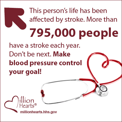 This person's life has been affected by stroke. More than 795,000 people have a stroke each year. Don't be next. Make blood pressure control your goal!