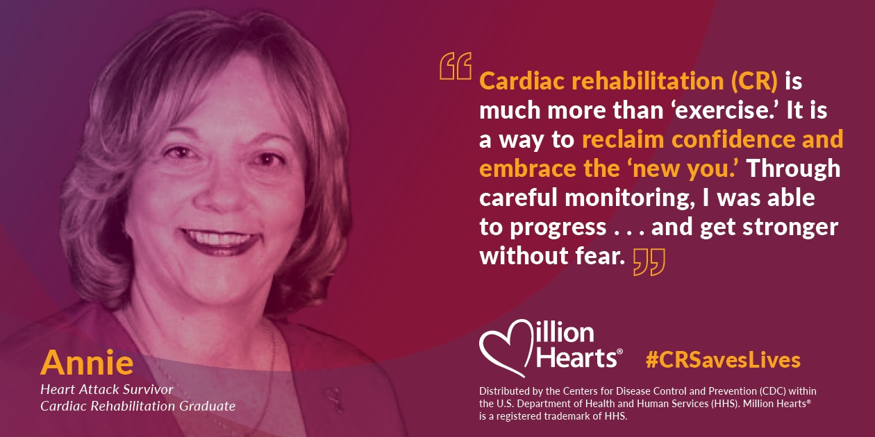 cr-infocard-annie Cardiac rehabilitation (CR) is much more than exercise. It is a way to reclaim confidence and embrace the new you. Through careful monitoring, I was able to progress and get stronger without fear. Annie, heart attack survivor.